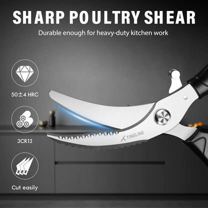 Kitchen Shears Heavy Duty for Food: Poultry Scissors with Safety Lock Easy to Spatchcocking 18lbs Turkey - Anti-slip Handle Meat Cutting Scissors with Spring Loaded, Dishwasher Safe