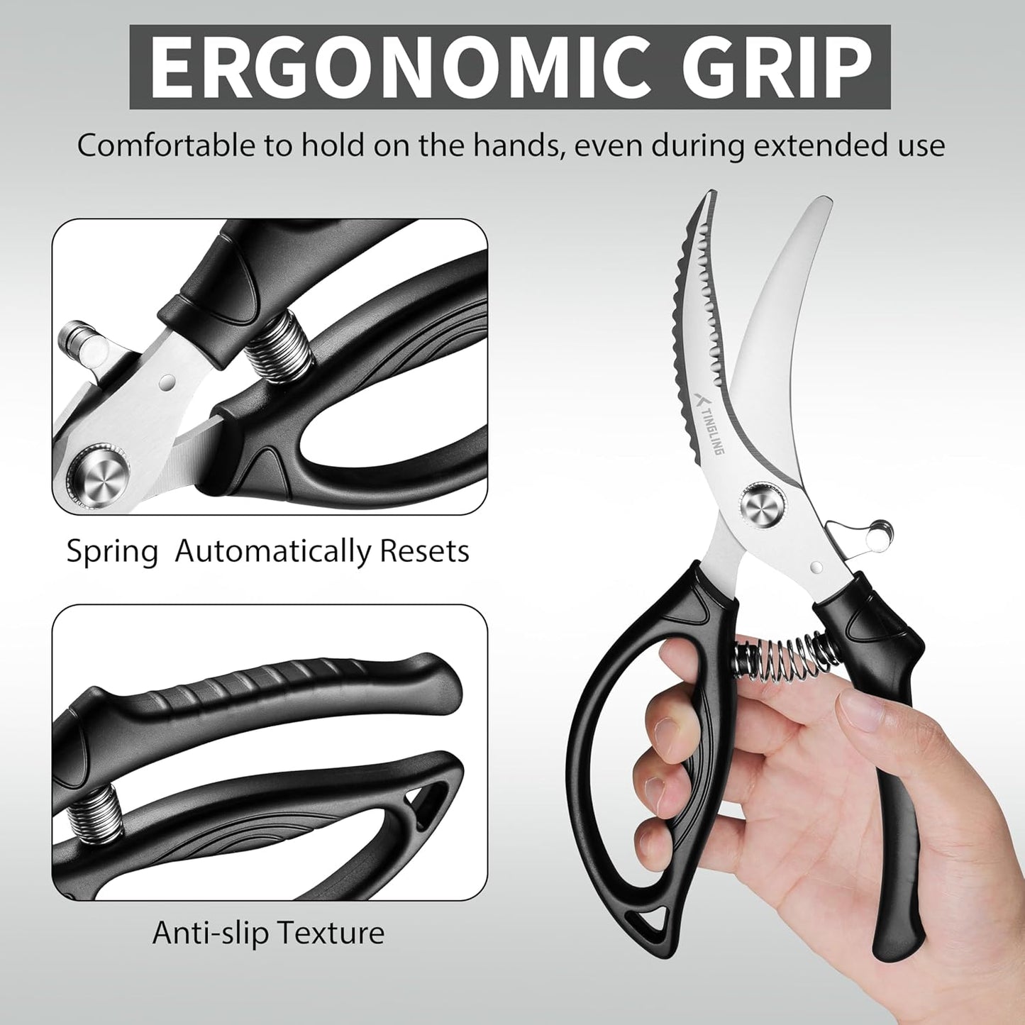 Kitchen Shears Heavy Duty for Food: Poultry Scissors with Safety Lock Easy to Spatchcocking 18lbs Turkey - Anti-slip Handle Meat Cutting Scissors with Spring Loaded, Dishwasher Safe