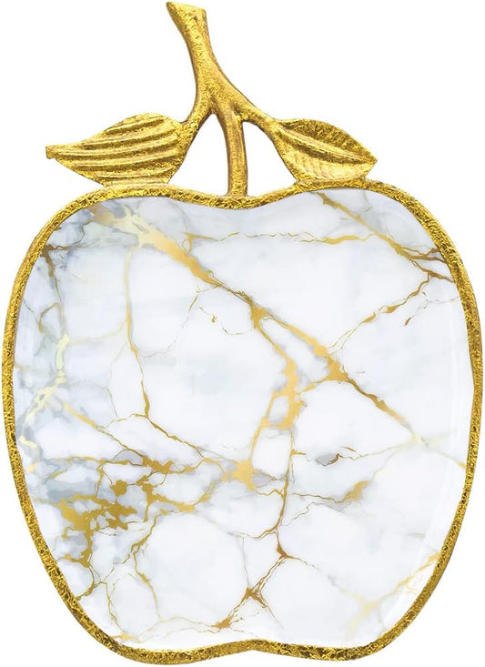Cutting Board, Carving Board, for Meat, Fruit and Bread White and Gold Metal Marble Design, Apple Shaped 13.75X10