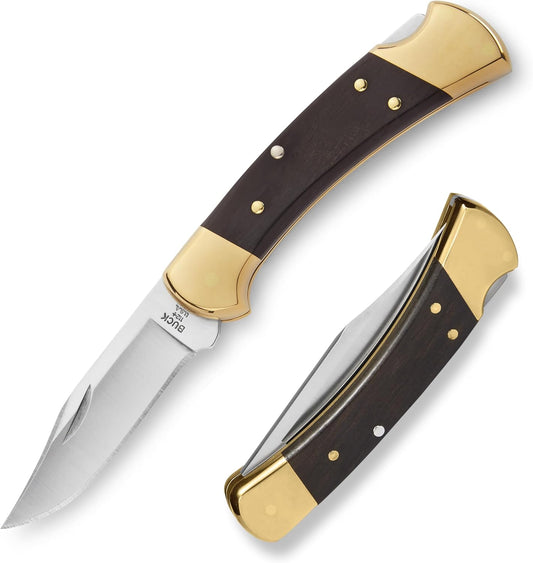 112 Ranger Hunting Knife, 3" Blade, Lockback Design, Ebony Handle, Brass Bolsters, 420HC Stainless Steel Clip Point Blade, Sheath Included, Folding Knife Made in the USA, 5.6 oz