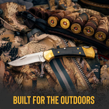 112 Ranger Hunting Knife, 3" Blade, Lockback Design, Ebony Handle, Brass Bolsters, 420HC Stainless Steel Clip Point Blade, Sheath Included, Folding Knife Made in the USA, 5.6 oz