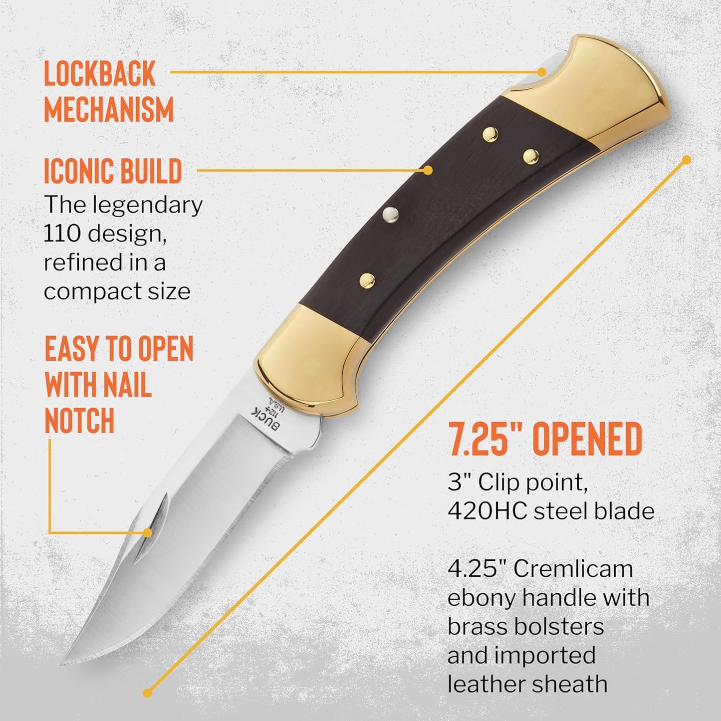 112 Ranger Hunting Knife, 3" Blade, Lockback Design, Ebony Handle, Brass Bolsters, 420HC Stainless Steel Clip Point Blade, Sheath Included, Folding Knife Made in the USA, 5.6 oz