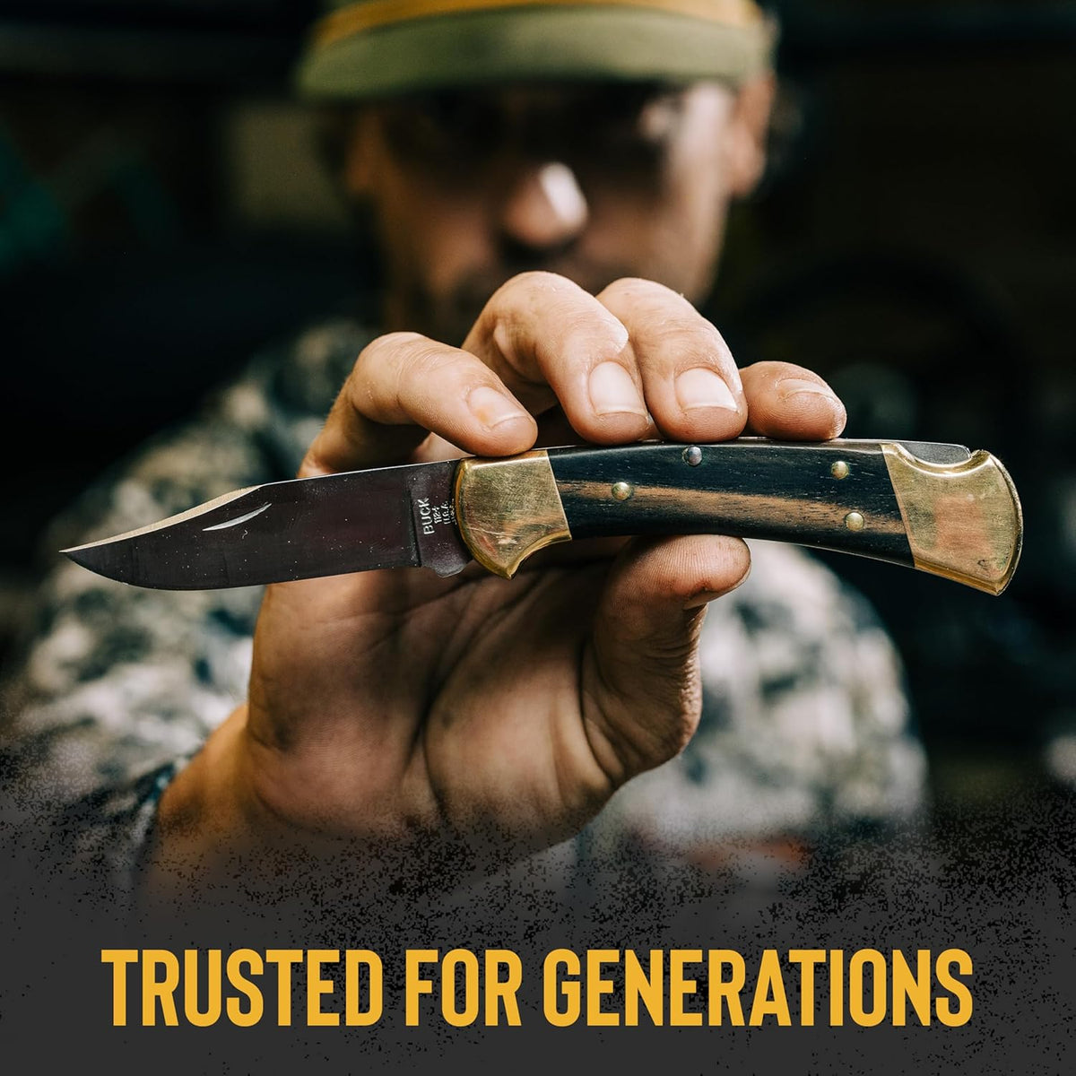 112 Ranger Hunting Knife, 3" Blade, Lockback Design, Ebony Handle, Brass Bolsters, 420HC Stainless Steel Clip Point Blade, Sheath Included, Folding Knife Made in the USA, 5.6 oz