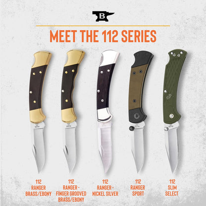 112 Ranger Hunting Knife, 3" Blade, Lockback Design, Ebony Handle, Brass Bolsters, 420HC Stainless Steel Clip Point Blade, Sheath Included, Folding Knife Made in the USA, 5.6 oz