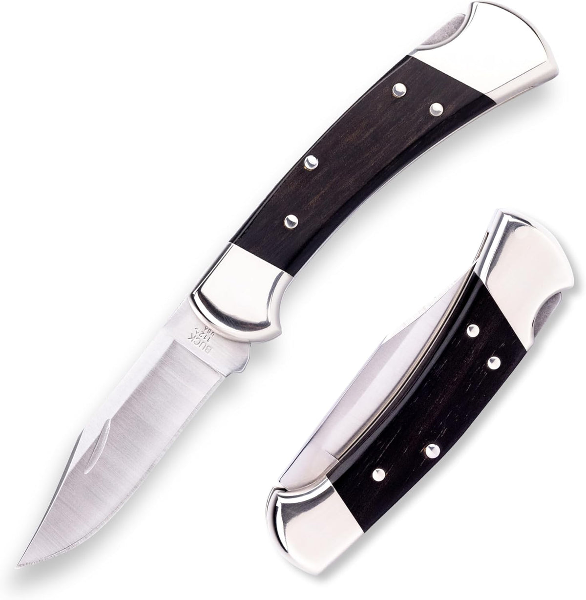 112 Ranger Hunting Knife, 3" Blade, Lockback Design, Ebony Handle, Brass Bolsters, 420HC Stainless Steel Clip Point Blade, Sheath Included, Folding Knife Made in the USA, 5.6 oz