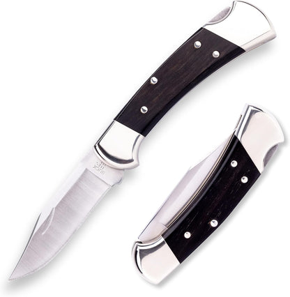 112 Ranger Hunting Knife, 3" Blade, Lockback Design, Ebony Handle, Brass Bolsters, 420HC Stainless Steel Clip Point Blade, Sheath Included, Folding Knife Made in the USA, 5.6 oz