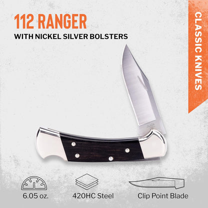 112 Ranger Hunting Knife, 3" Blade, Lockback Design, Ebony Handle, Brass Bolsters, 420HC Stainless Steel Clip Point Blade, Sheath Included, Folding Knife Made in the USA, 5.6 oz
