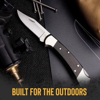 112 Ranger Hunting Knife, 3" Blade, Lockback Design, Ebony Handle, Brass Bolsters, 420HC Stainless Steel Clip Point Blade, Sheath Included, Folding Knife Made in the USA, 5.6 oz