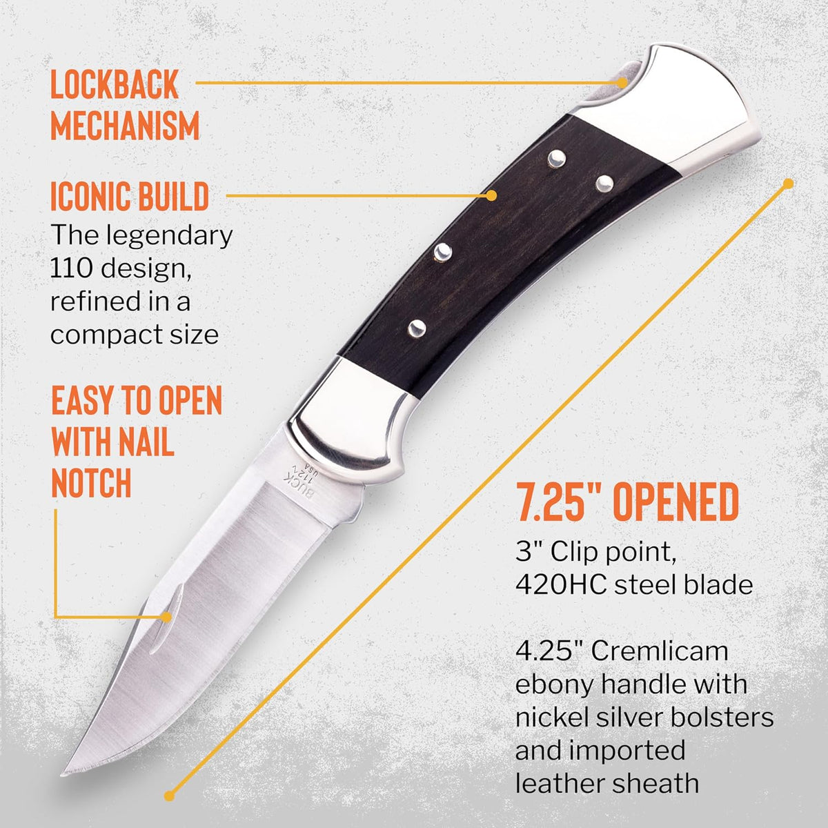 112 Ranger Hunting Knife, 3" Blade, Lockback Design, Ebony Handle, Brass Bolsters, 420HC Stainless Steel Clip Point Blade, Sheath Included, Folding Knife Made in the USA, 5.6 oz