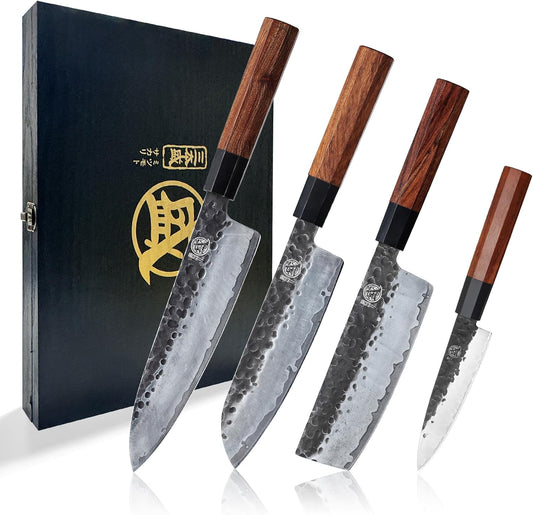4-Piece Japanese Chef Knife Set, San-Mai 9Cr18MoV | Gyuto Santoku Nakiri Paring, Deep-Cryo Heat Treatment, Tsuchime Food Release, Rosewood Handles, Sandalwood Box