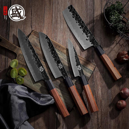 4-Piece Japanese Chef Knife Set, San-Mai 9Cr18MoV | Gyuto Santoku Nakiri Paring, Deep-Cryo Heat Treatment, Tsuchime Food Release, Rosewood Handles, Sandalwood Box