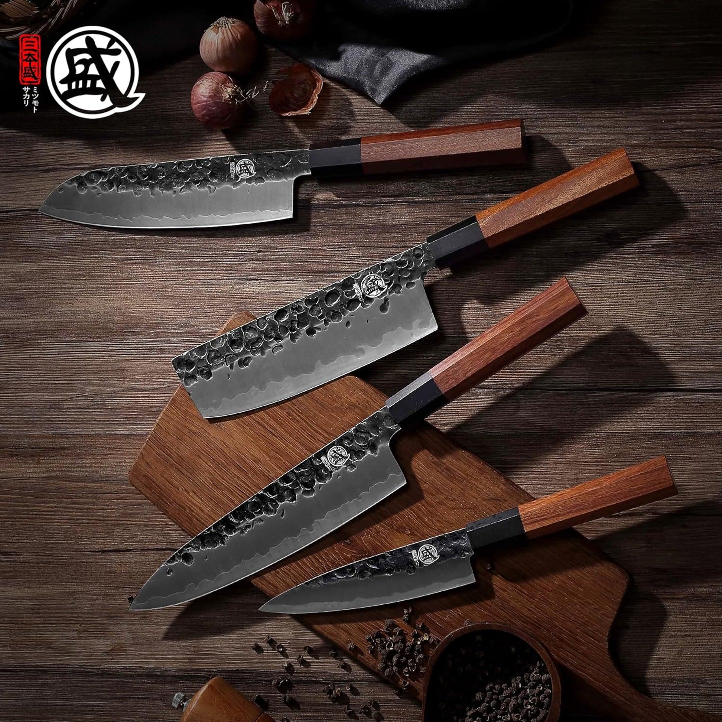 4-Piece Japanese Chef Knife Set, San-Mai 9Cr18MoV | Gyuto Santoku Nakiri Paring, Deep-Cryo Heat Treatment, Tsuchime Food Release, Rosewood Handles, Sandalwood Box