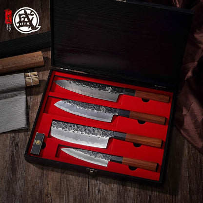 4-Piece Japanese Chef Knife Set, San-Mai 9Cr18MoV | Gyuto Santoku Nakiri Paring, Deep-Cryo Heat Treatment, Tsuchime Food Release, Rosewood Handles, Sandalwood Box