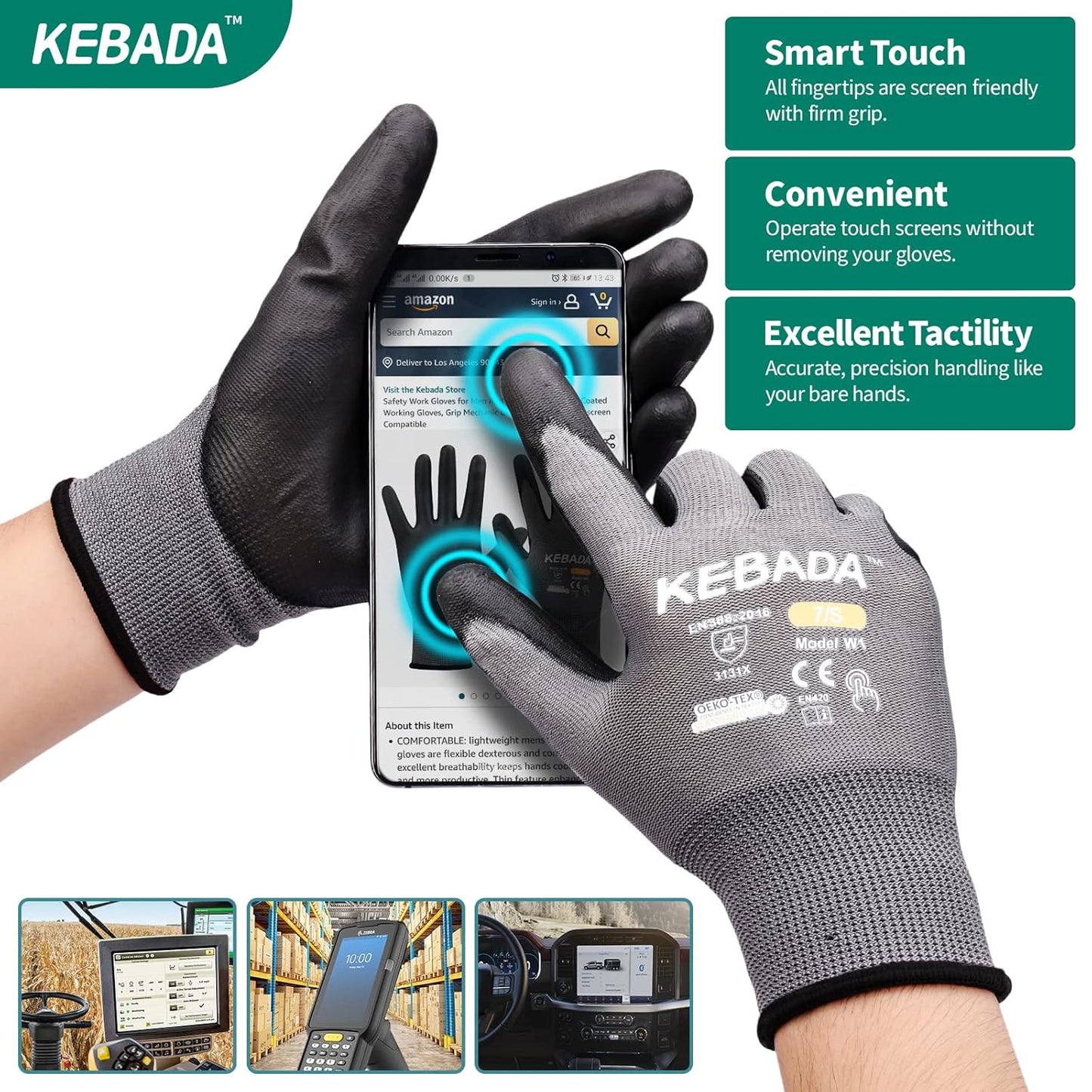 W1 Work Gloves for Men and Women, PU Coated Safety Gloves with Grip, Touchscreen, Ideal for Warehouse Package Handling, Construction, Gardening, 12 Pairs Gray Large
