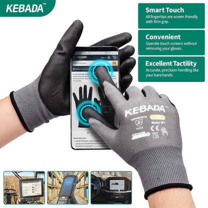 W1 Work Gloves for Men and Women, PU Coated Safety Gloves with Grip, Touchscreen, Ideal for Warehouse Package Handling, Construction, Gardening, 12 Pairs Gray Large
