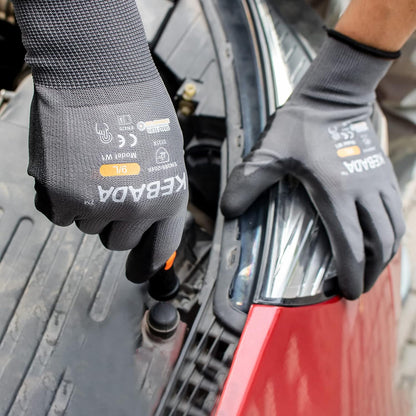 W1 Work Gloves for Men and Women, PU Coated Safety Gloves with Grip, Touchscreen, Ideal for Warehouse Package Handling, Construction, Gardening, 12 Pairs Gray Large