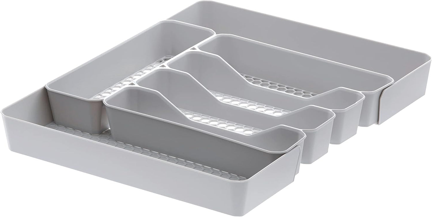 HEXA 5-Divider Expandable Silverware Tray (Stone Gray) - In-Drawer Organizer for Kitchen Accessories, Cutlery, Knives, & More / Easy-to-Clean Home & Apartment Essential