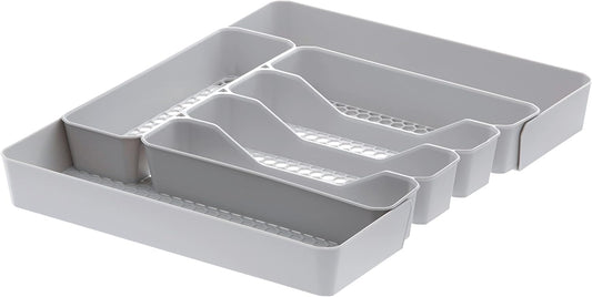 HEXA 5-Divider Expandable Silverware Tray (Stone Gray) - In-Drawer Organizer for Kitchen Accessories, Cutlery, Knives, & More / Easy-to-Clean Home & Apartment Essential