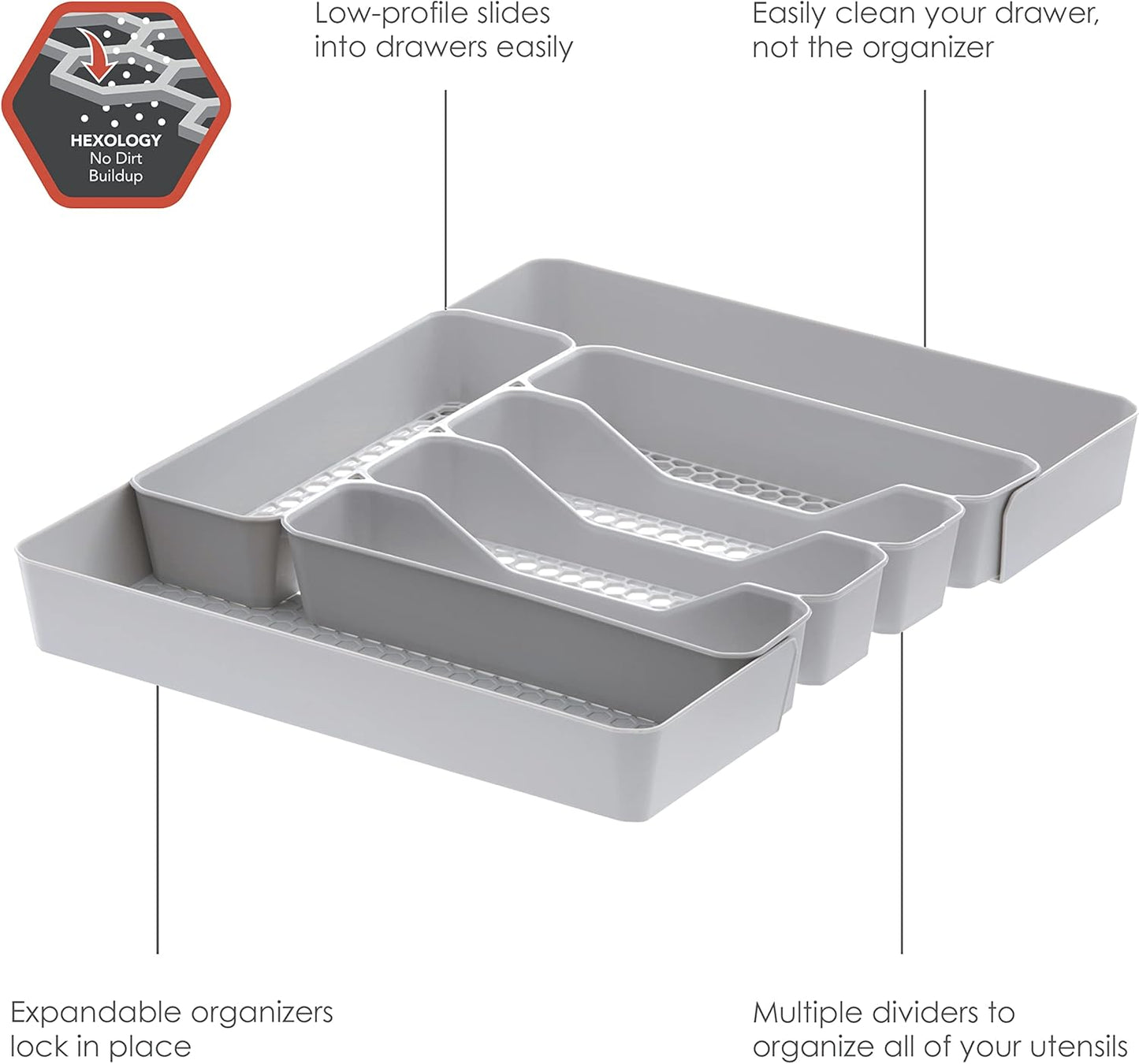 HEXA 5-Divider Expandable Silverware Tray (Stone Gray) - In-Drawer Organizer for Kitchen Accessories, Cutlery, Knives, & More / Easy-to-Clean Home & Apartment Essential