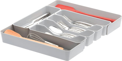 HEXA 5-Divider Expandable Silverware Tray (Stone Gray) - In-Drawer Organizer for Kitchen Accessories, Cutlery, Knives, & More / Easy-to-Clean Home & Apartment Essential