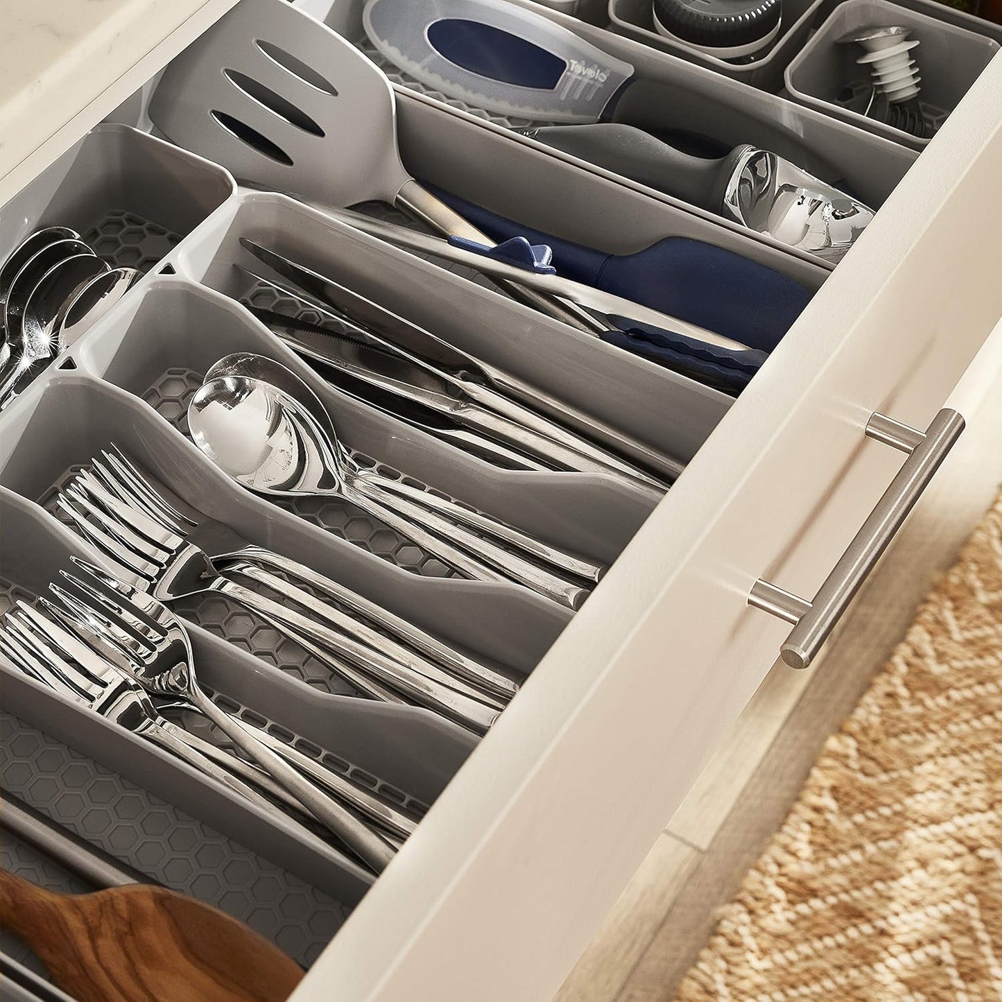 HEXA 5-Divider Expandable Silverware Tray (Stone Gray) - In-Drawer Organizer for Kitchen Accessories, Cutlery, Knives, & More / Easy-to-Clean Home & Apartment Essential