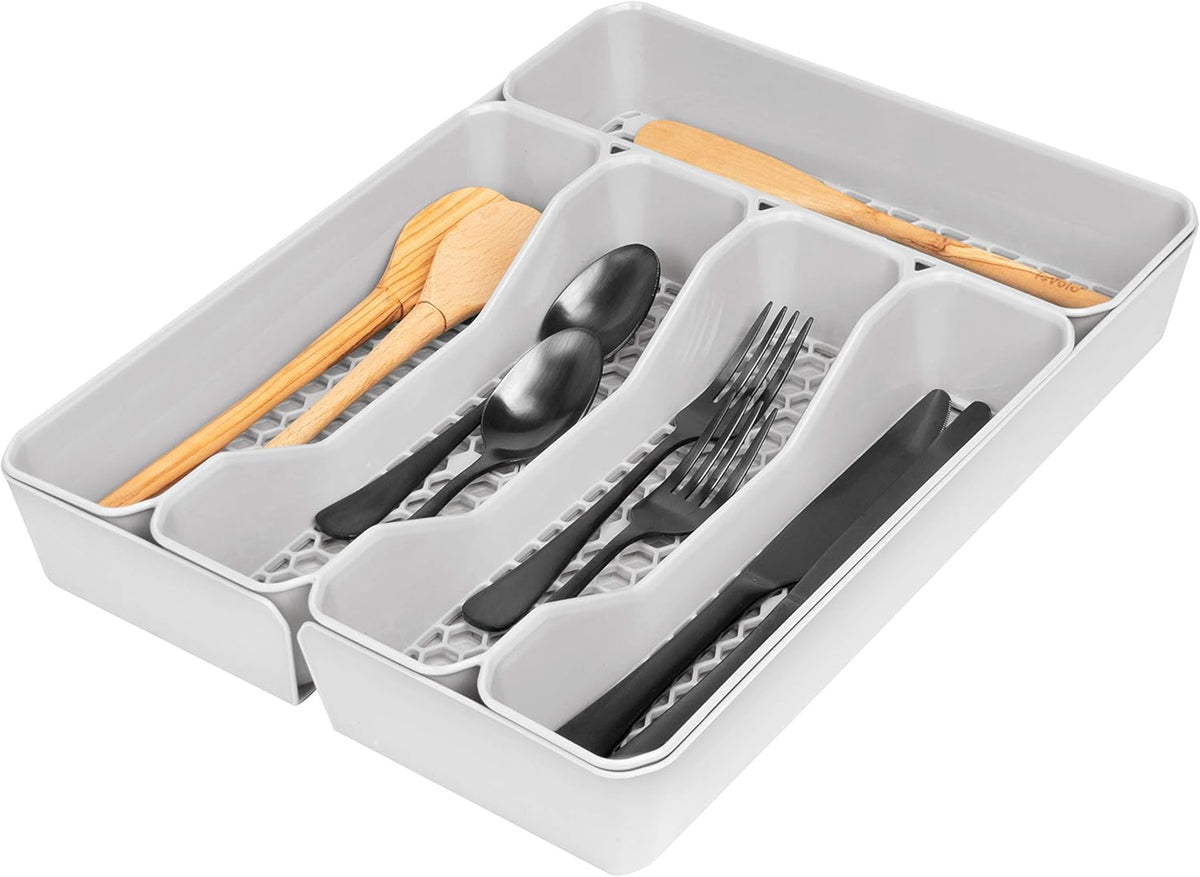 HEXA 5-Divider Expandable Silverware Tray (Stone Gray) - In-Drawer Organizer for Kitchen Accessories, Cutlery, Knives, & More / Easy-to-Clean Home & Apartment Essential