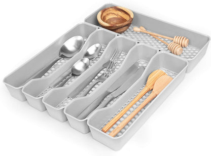 HEXA 5-Divider Expandable Silverware Tray (Stone Gray) - In-Drawer Organizer for Kitchen Accessories, Cutlery, Knives, & More / Easy-to-Clean Home & Apartment Essential