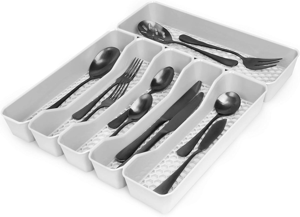 HEXA 5-Divider Expandable Silverware Tray (Stone Gray) - In-Drawer Organizer for Kitchen Accessories, Cutlery, Knives, & More / Easy-to-Clean Home & Apartment Essential