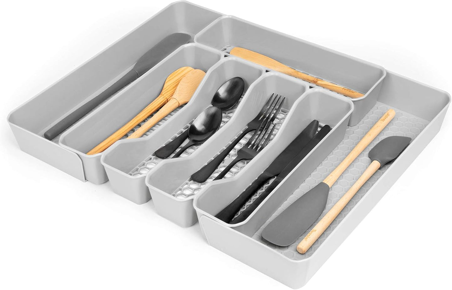 HEXA 5-Divider Expandable Silverware Tray (Stone Gray) - In-Drawer Organizer for Kitchen Accessories, Cutlery, Knives, & More / Easy-to-Clean Home & Apartment Essential