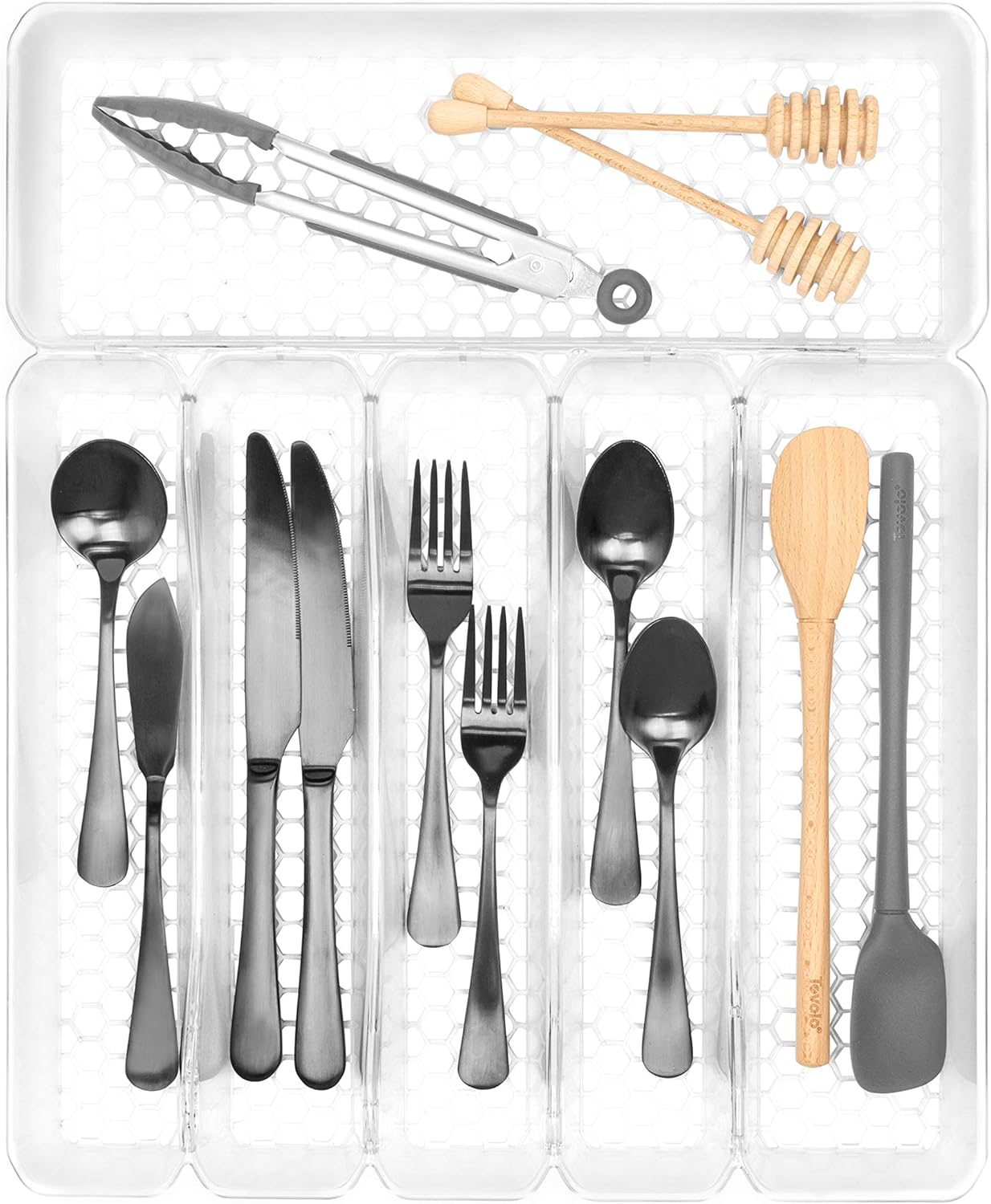 HEXA 5-Divider Expandable Silverware Tray (Stone Gray) - In-Drawer Organizer for Kitchen Accessories, Cutlery, Knives, & More / Easy-to-Clean Home & Apartment Essential