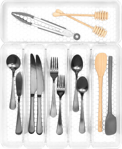 HEXA 5-Divider Expandable Silverware Tray (Stone Gray) - In-Drawer Organizer for Kitchen Accessories, Cutlery, Knives, & More / Easy-to-Clean Home & Apartment Essential