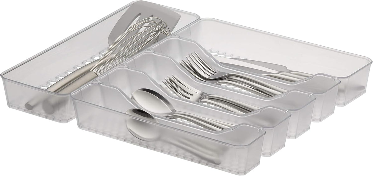 HEXA 5-Divider Expandable Silverware Tray (Stone Gray) - In-Drawer Organizer for Kitchen Accessories, Cutlery, Knives, & More / Easy-to-Clean Home & Apartment Essential
