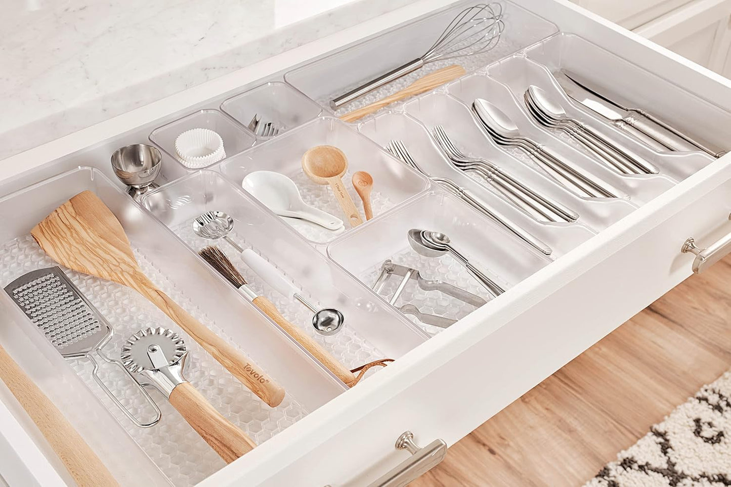 HEXA 5-Divider Expandable Silverware Tray (Stone Gray) - In-Drawer Organizer for Kitchen Accessories, Cutlery, Knives, & More / Easy-to-Clean Home & Apartment Essential