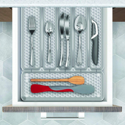 HEXA 5-Divider Expandable Silverware Tray (Stone Gray) - In-Drawer Organizer for Kitchen Accessories, Cutlery, Knives, & More / Easy-to-Clean Home & Apartment Essential