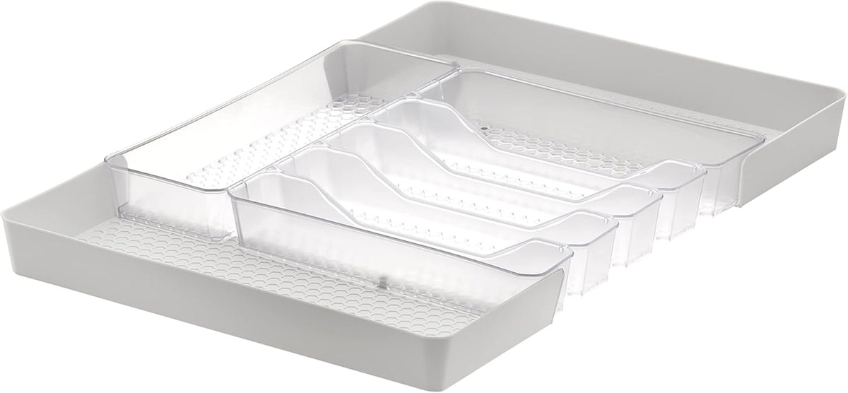 HEXA 5-Divider Expandable Silverware Tray (Stone Gray) - In-Drawer Organizer for Kitchen Accessories, Cutlery, Knives, & More / Easy-to-Clean Home & Apartment Essential