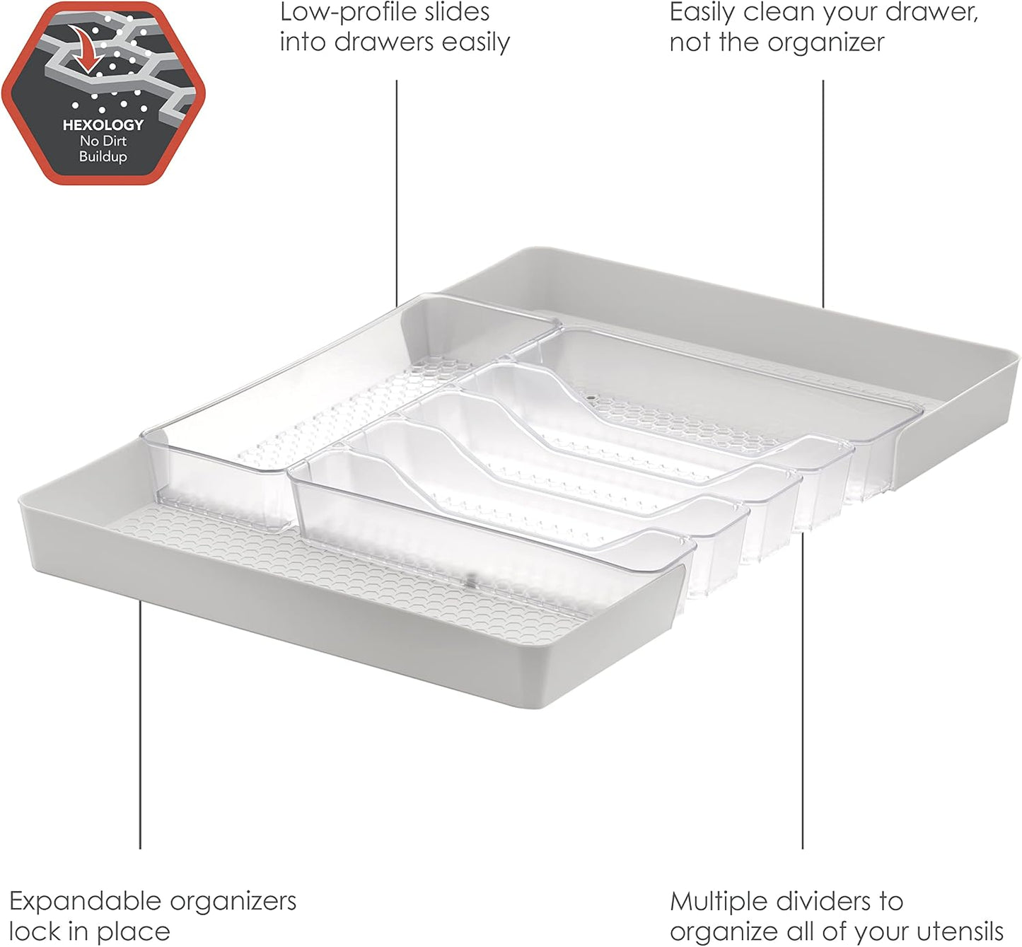 HEXA 5-Divider Expandable Silverware Tray (Stone Gray) - In-Drawer Organizer for Kitchen Accessories, Cutlery, Knives, & More / Easy-to-Clean Home & Apartment Essential
