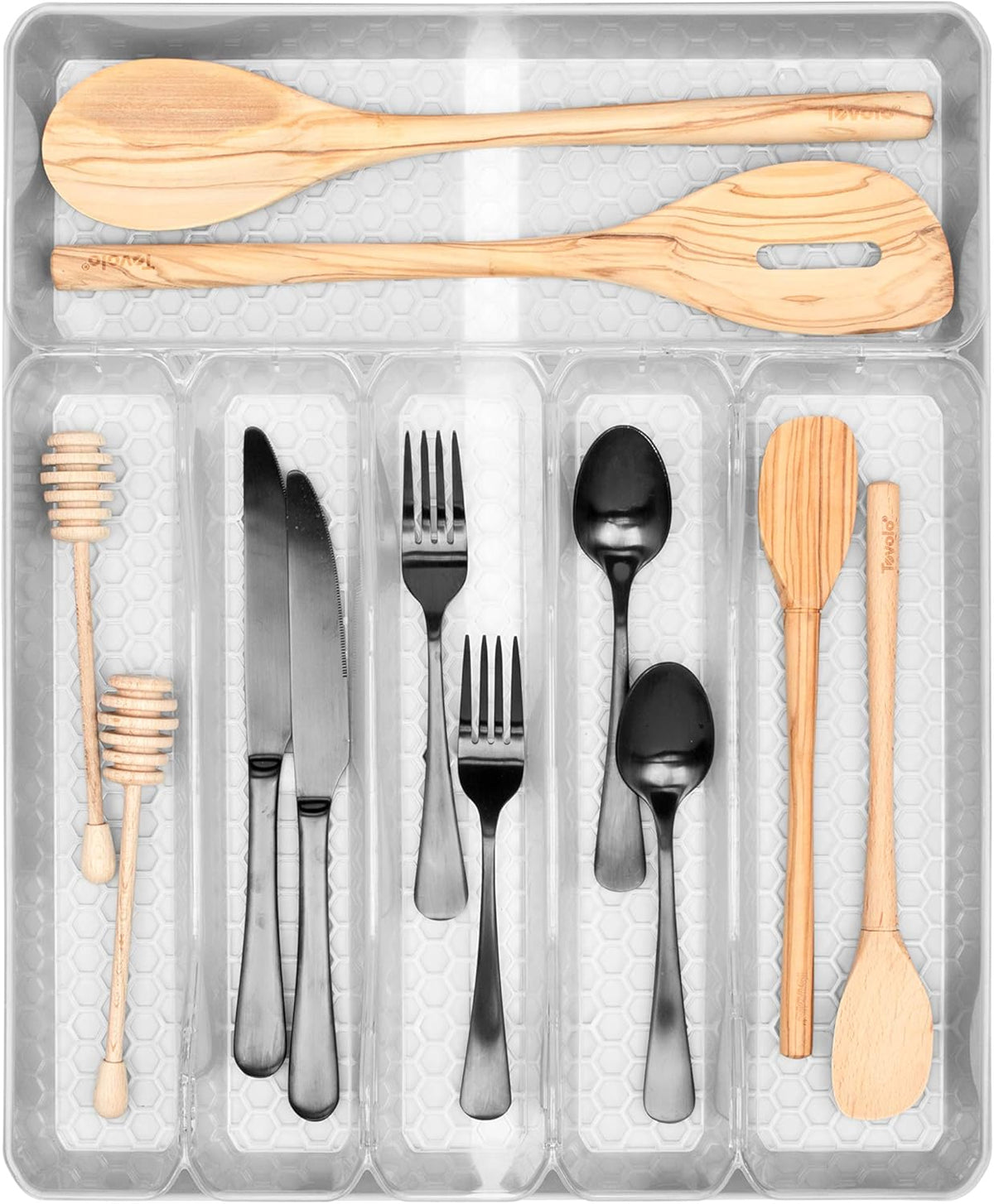 HEXA 5-Divider Expandable Silverware Tray (Stone Gray) - In-Drawer Organizer for Kitchen Accessories, Cutlery, Knives, & More / Easy-to-Clean Home & Apartment Essential