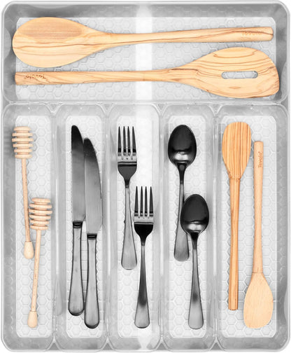 HEXA 5-Divider Expandable Silverware Tray (Stone Gray) - In-Drawer Organizer for Kitchen Accessories, Cutlery, Knives, & More / Easy-to-Clean Home & Apartment Essential