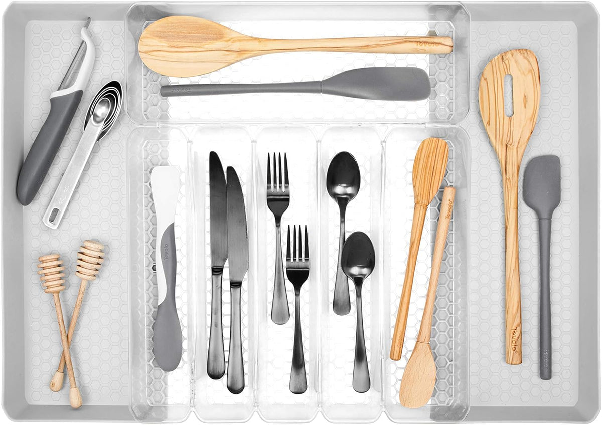 HEXA 5-Divider Expandable Silverware Tray (Stone Gray) - In-Drawer Organizer for Kitchen Accessories, Cutlery, Knives, & More / Easy-to-Clean Home & Apartment Essential