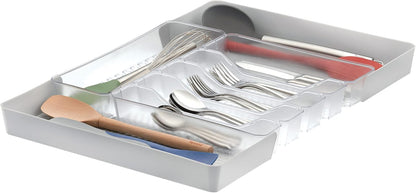 HEXA 5-Divider Expandable Silverware Tray (Stone Gray) - In-Drawer Organizer for Kitchen Accessories, Cutlery, Knives, & More / Easy-to-Clean Home & Apartment Essential