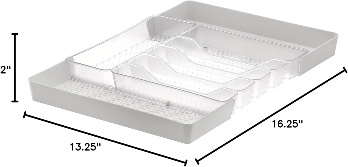 HEXA 5-Divider Expandable Silverware Tray (Stone Gray) - In-Drawer Organizer for Kitchen Accessories, Cutlery, Knives, & More / Easy-to-Clean Home & Apartment Essential