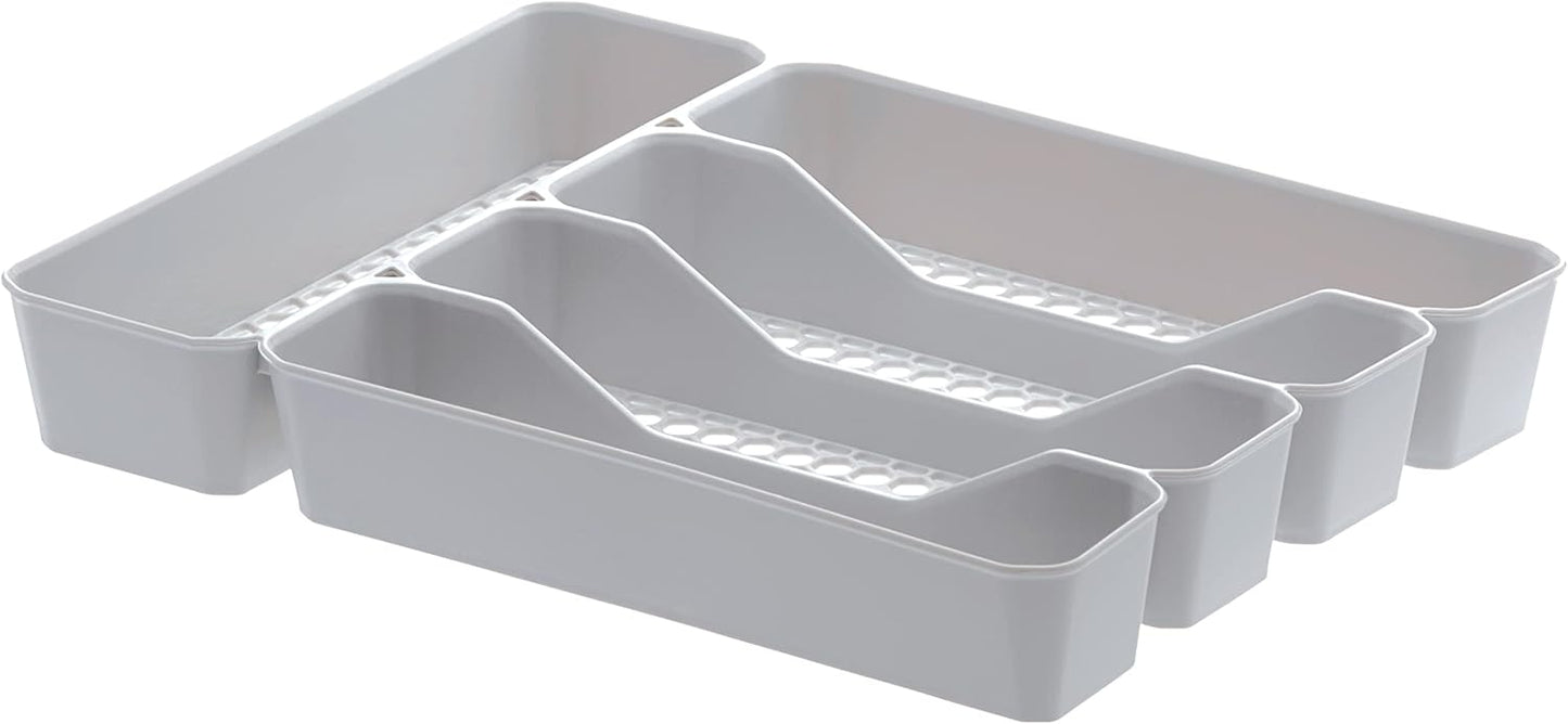 HEXA 5-Divider Expandable Silverware Tray (Stone Gray) - In-Drawer Organizer for Kitchen Accessories, Cutlery, Knives, & More / Easy-to-Clean Home & Apartment Essential