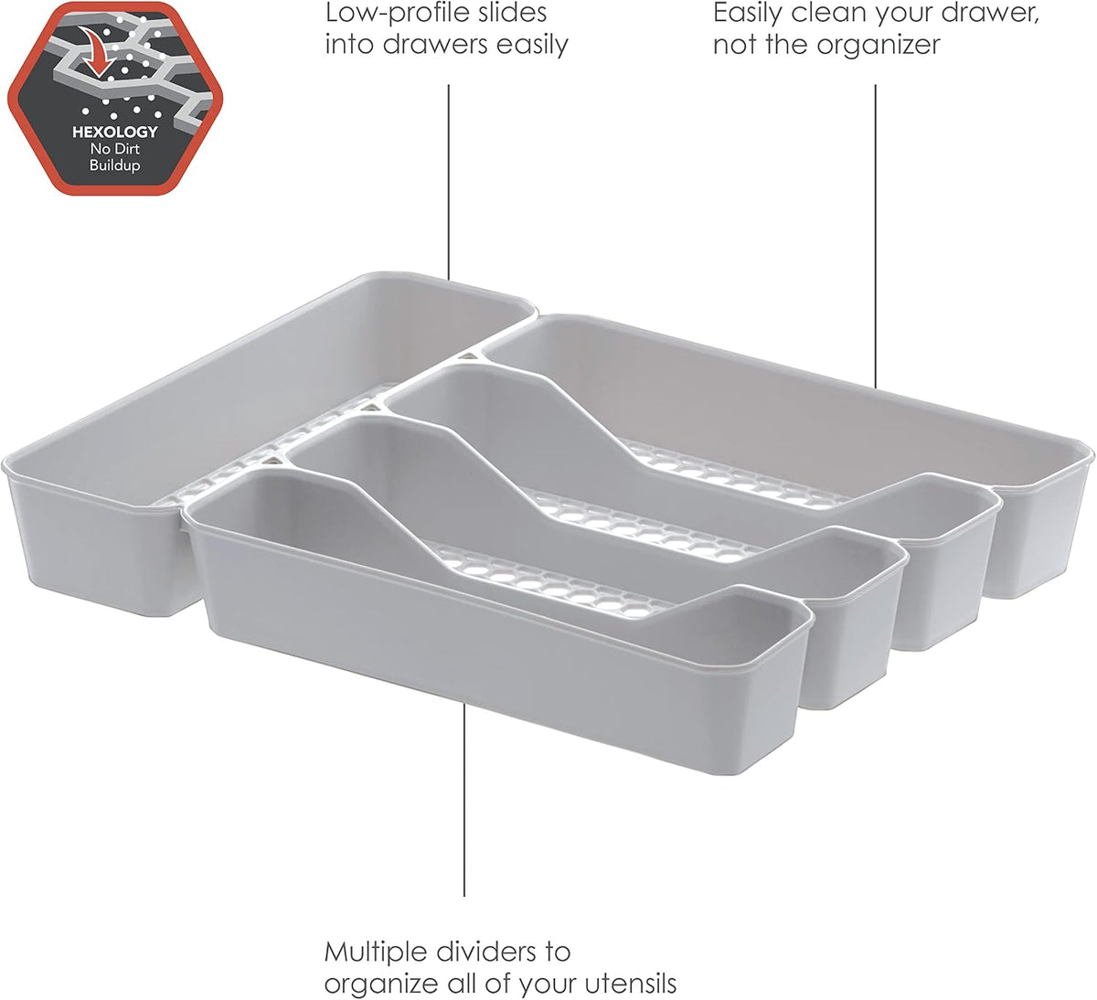 HEXA 5-Divider Expandable Silverware Tray (Stone Gray) - In-Drawer Organizer for Kitchen Accessories, Cutlery, Knives, & More / Easy-to-Clean Home & Apartment Essential