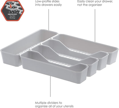 HEXA 5-Divider Expandable Silverware Tray (Stone Gray) - In-Drawer Organizer for Kitchen Accessories, Cutlery, Knives, & More / Easy-to-Clean Home & Apartment Essential