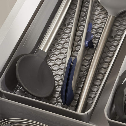 HEXA 5-Divider Expandable Silverware Tray (Stone Gray) - In-Drawer Organizer for Kitchen Accessories, Cutlery, Knives, & More / Easy-to-Clean Home & Apartment Essential