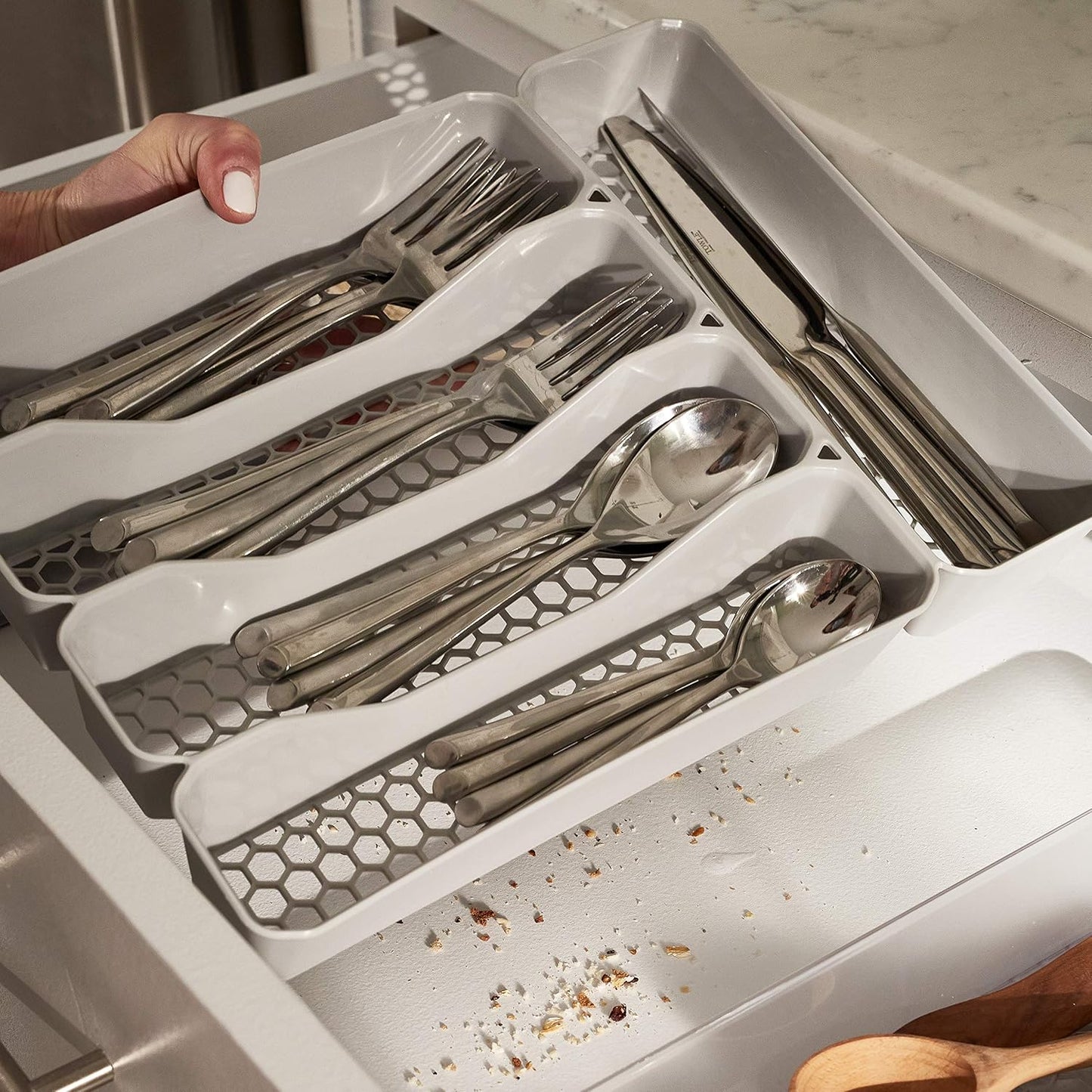 HEXA 5-Divider Expandable Silverware Tray (Stone Gray) - In-Drawer Organizer for Kitchen Accessories, Cutlery, Knives, & More / Easy-to-Clean Home & Apartment Essential
