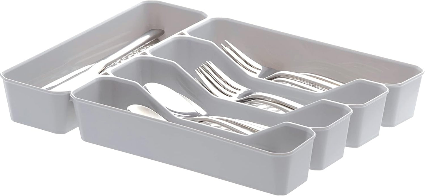 HEXA 5-Divider Expandable Silverware Tray (Stone Gray) - In-Drawer Organizer for Kitchen Accessories, Cutlery, Knives, & More / Easy-to-Clean Home & Apartment Essential
