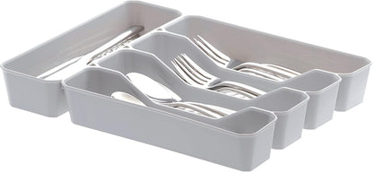 HEXA 5-Divider Expandable Silverware Tray (Stone Gray) - In-Drawer Organizer for Kitchen Accessories, Cutlery, Knives, & More / Easy-to-Clean Home & Apartment Essential