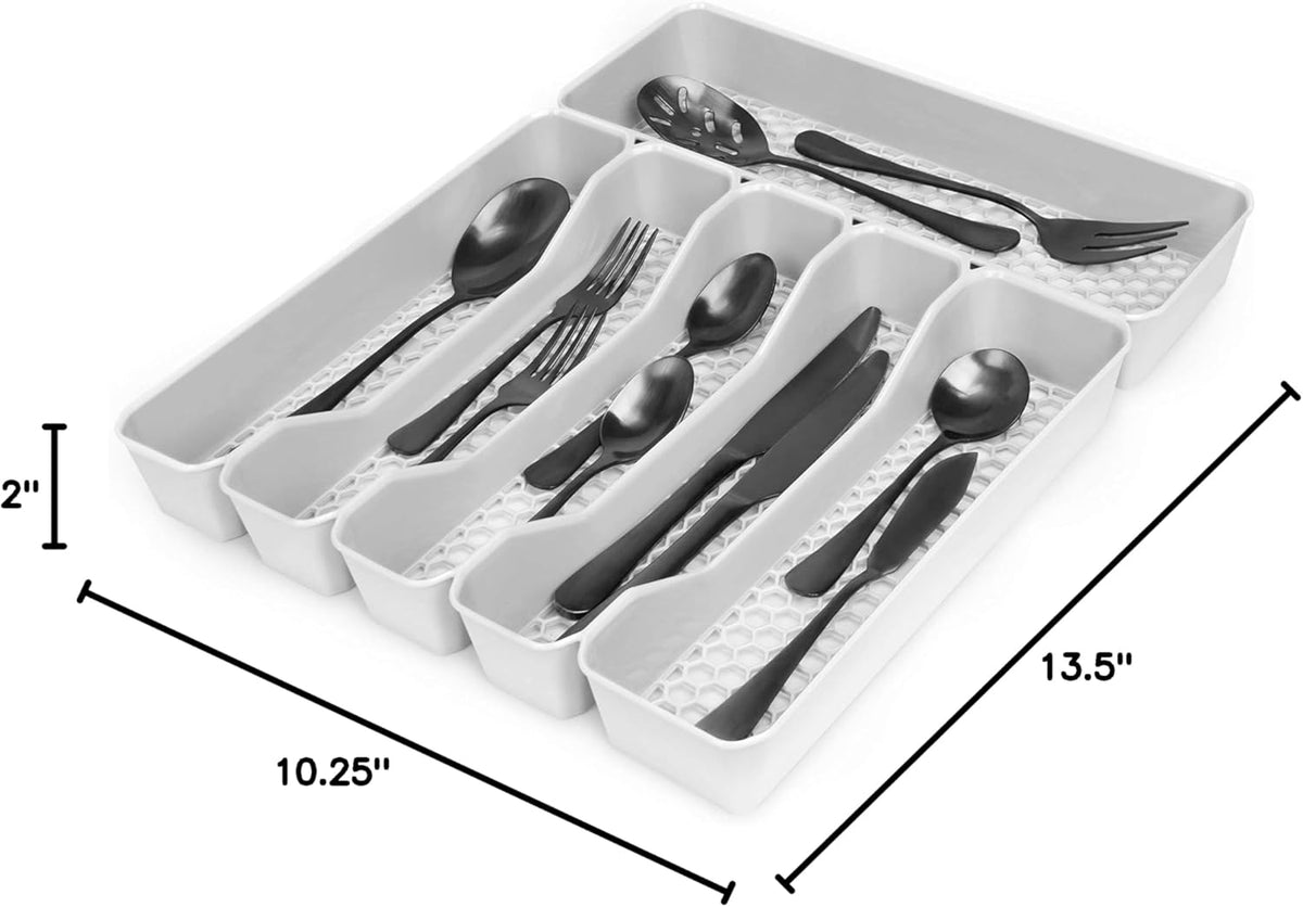 HEXA 5-Divider Expandable Silverware Tray (Stone Gray) - In-Drawer Organizer for Kitchen Accessories, Cutlery, Knives, & More / Easy-to-Clean Home & Apartment Essential