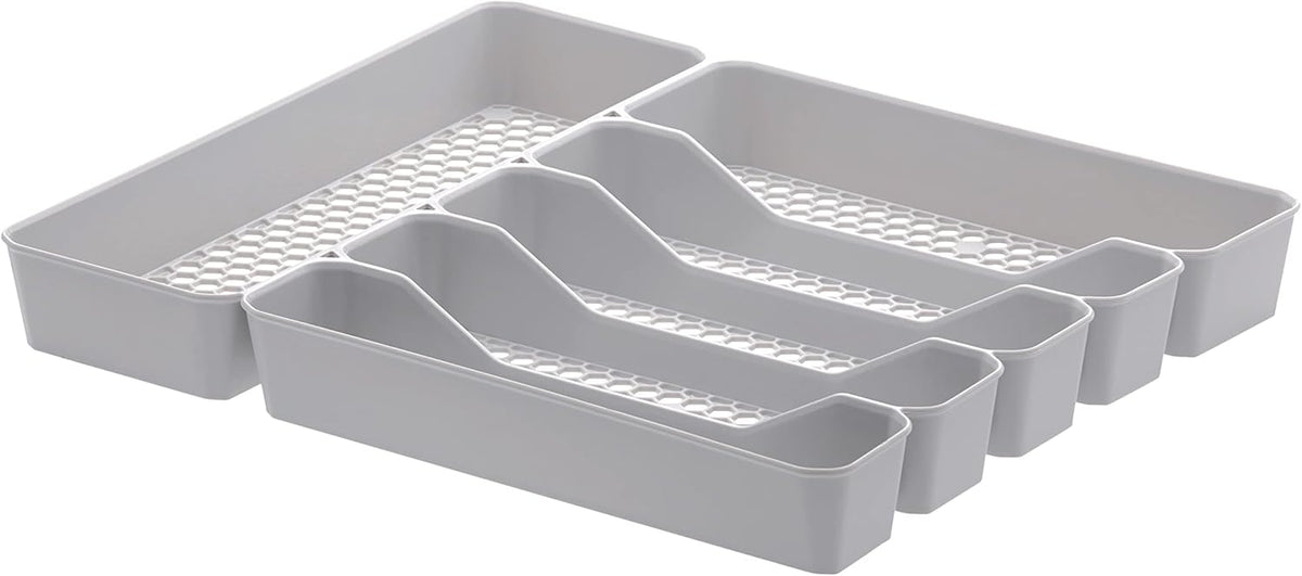 HEXA 5-Divider Expandable Silverware Tray (Stone Gray) - In-Drawer Organizer for Kitchen Accessories, Cutlery, Knives, & More / Easy-to-Clean Home & Apartment Essential